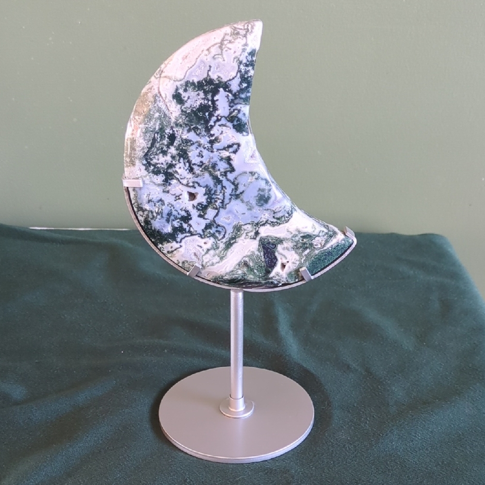 Moss Agate Moon With Druzy Pockets Statement Piece On Silver Stand